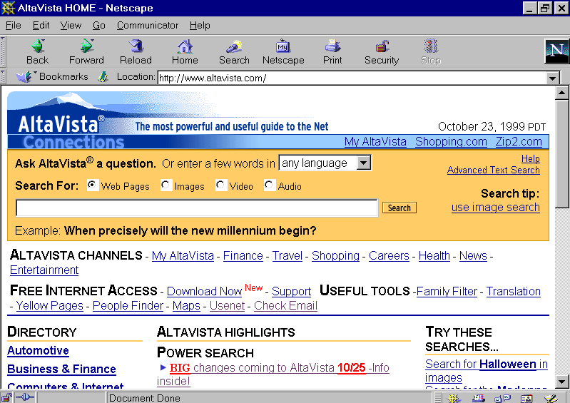 Så här såg sökmotorn Altavista ut 1999. Foto: Wikipedia