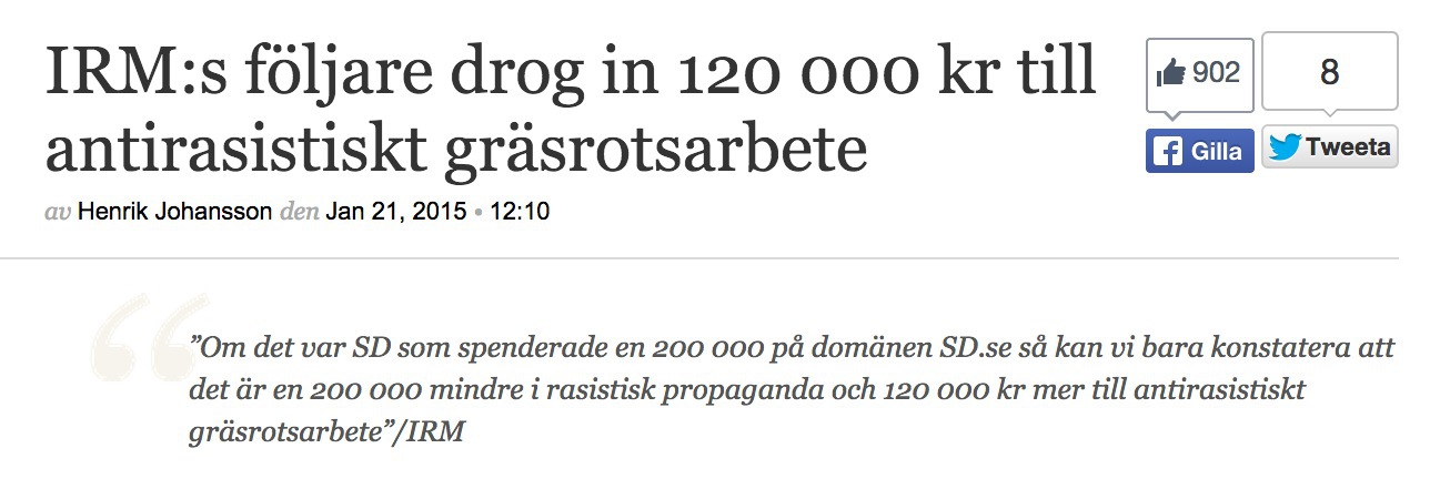 Inte rasist, men om insamlingen. Foto: Faksimil interasistmen.se.
